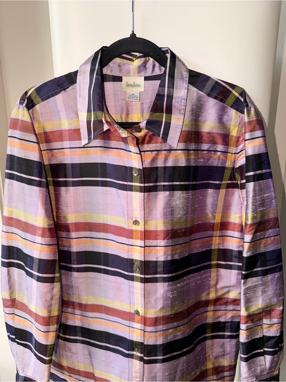 Neiman Marcus Lavender Plaid Silk-Blend Button-Down Shirt